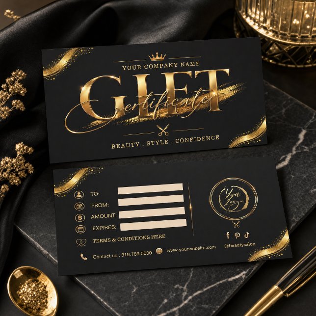 Ensemble de certificat-cadeau en or noir de luxe | (Luxury Black Gold Gift Certificate Set | Elegant Beauty Salon Gift Card)