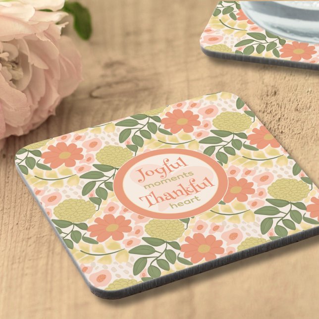 Ensemble de dessous de verre floraux – Décoration  (Joyful & Thankful Floral Coaster Set – Gratitude-Inspired Home Decor)