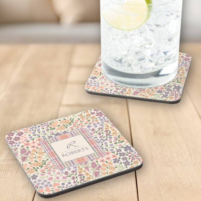Ensemble de dessous de verre floraux et à carreaux (Personalized Floral & Plaid Coaster Set – Custom Name & Initial)