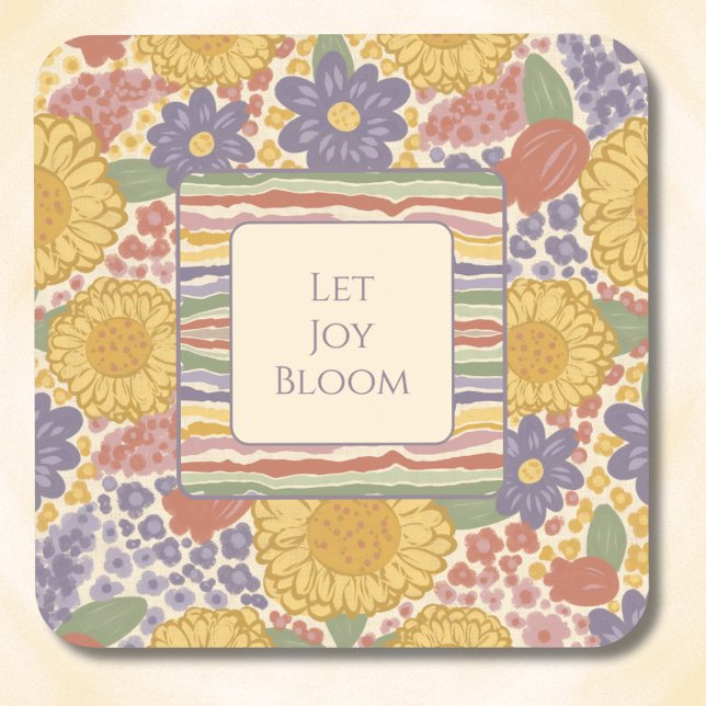 Ensemble de dessous de verre Let Joy Bloom – Texte (Let Joy Bloom Coaster Set – Personalized Inspirational Quote – Custom Floral Striped Drink Coasters)