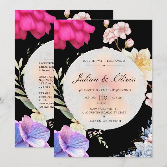 Ensemble de faire-part de mariage floral noir luna (Devant / Derrière)