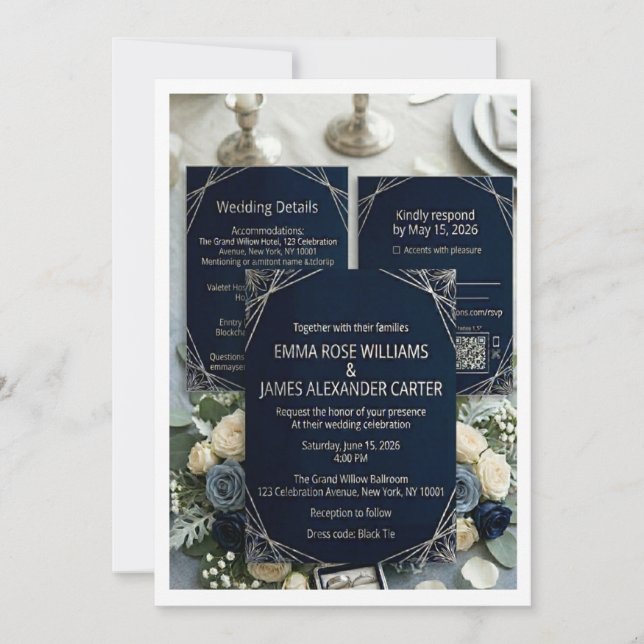 Ensemble de faire-part de mariage Luxe Bleu Nuit e (Devant)