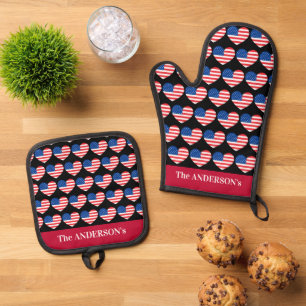 Ensemble De Gant De Cuisine Et De Manique 4 juillet Fête de l'Indépendance USA Drapeau Coeur