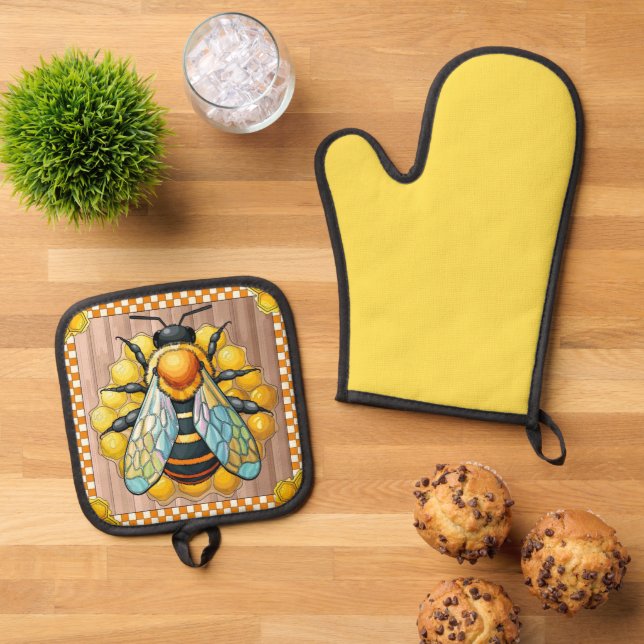 Ensemble De Gant De Cuisine Et De Manique Abeille de miel (De haut en bas)