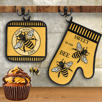 Ensemble De Gant De Cuisine Et De Manique Abeille de miel doux Ocher noir