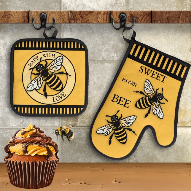 Ensemble De Gant De Cuisine Et De Manique Abeille de miel doux Ocher noir (Oven mitt and pot holder set featuring honey bees on an ocher black design - baking - chef - pastry)