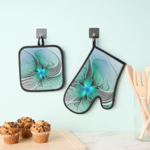 Ensemble De Gant De Cuisine Et De Manique Abstrait De Bleu, Art Fractal Moderne