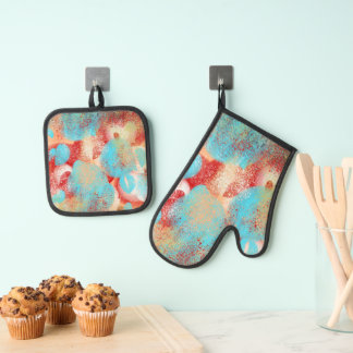 Ensemble De Gant De Cuisine Et De Manique Abstrait en bleu aqua, rouge et jaune