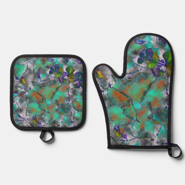 Ensemble De Gant De Cuisine Et De Manique Abstrait floral (Recto)