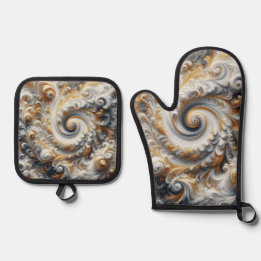 Ensemble De Gant De Cuisine Et De Manique Abstrait Moderne Tourbillonnant Or, Noir et Blanc 