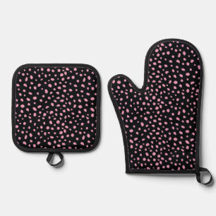 Ensemble De Gant De Cuisine Et De Manique Abstrait Point rose sur fond noir