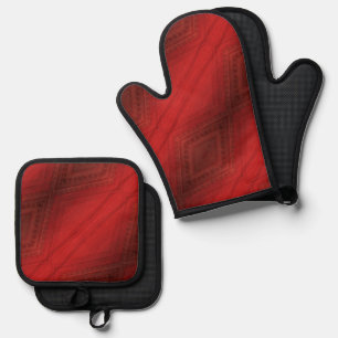 Ensemble De Gant De Cuisine Et De Manique Acceptation   Motif de Boho Eclectique Rouge