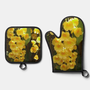 Ensemble De Gant De Cuisine Et De Manique Accrocher les orchidées jaunes Fleurs tropicales
