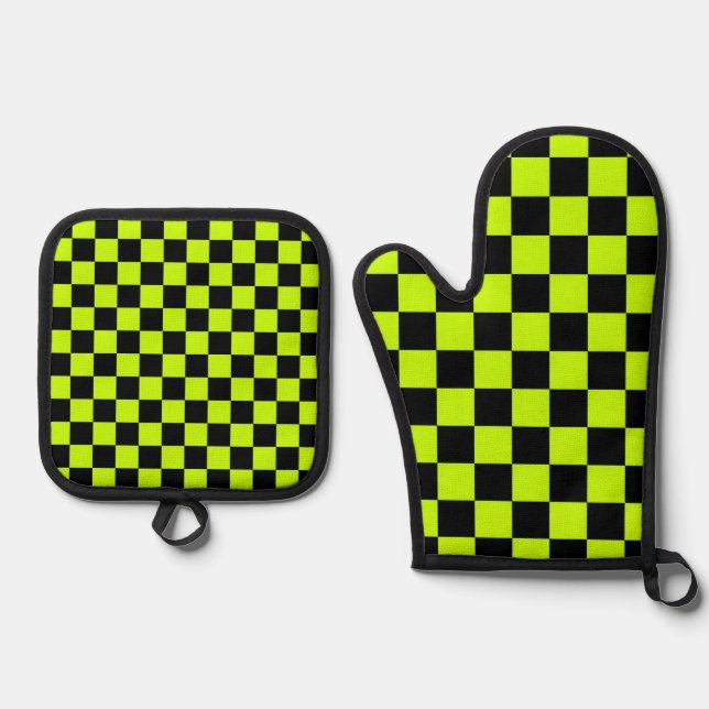 Ensemble De Gant De Cuisine Et De Manique Acid green black checkerboard pattern (Recto)