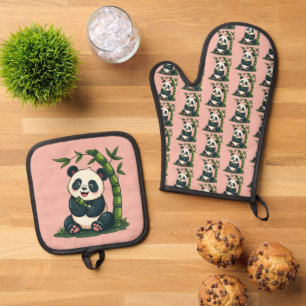 Ensemble De Gant De Cuisine Et De Manique Adorable Panda Accrocher Bamboo Cute Cartoon Art