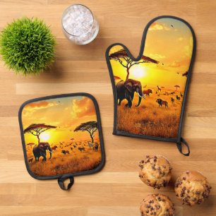 Ensemble De Gant De Cuisine Et De Manique African Sunset Safari Majesty Design