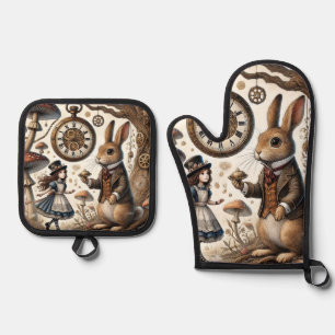 Ensemble De Gant De Cuisine Et De Manique alice au pays des merveilles lapin blanc