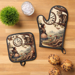 Ensemble De Gant De Cuisine Et De Manique Alice & Chat du Cheshire : Fantaisie Merveilleuse