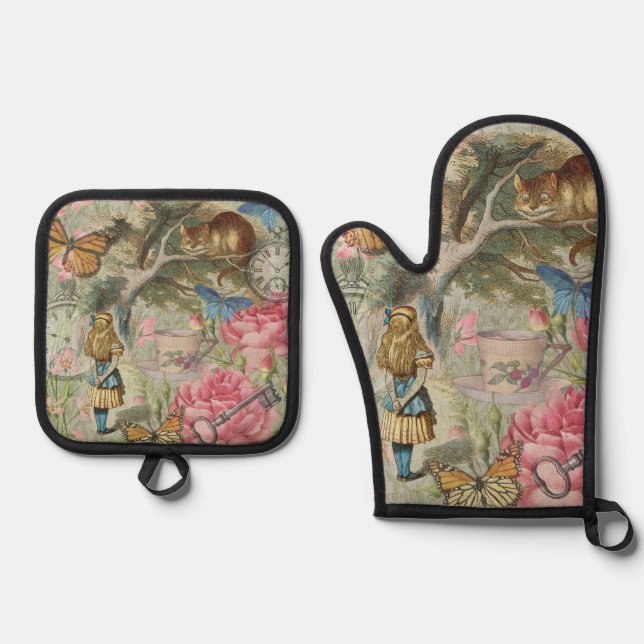 Ensemble De Gant De Cuisine Et De Manique Alice Cheshire Chat Wonderland Tree Garden (Recto)