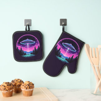 Ensemble De Gant De Cuisine Et De Manique Alien vaisseau spatial rétro futuriste