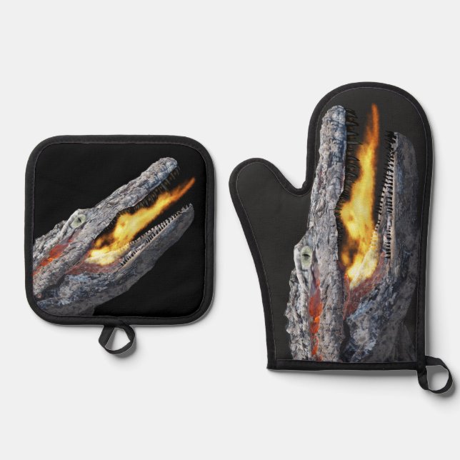 Ensemble De Gant De Cuisine Et De Manique Alligator cracheur de feu (Recto)