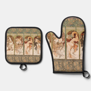 Ensemble De Gant De Cuisine Et De Manique Alphonse Mucha Quatre Saisons Panneau Art nouveau