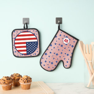 Ensemble De Gant De Cuisine Et De Manique American Flag Art Stars and Stripes Monogramme