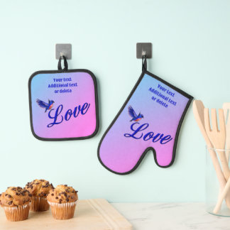 Ensemble De Gant De Cuisine Et De Manique Amour avec un oiseau bleu personnalisé