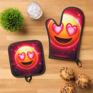 Ensemble De Gant De Cuisine Et De Manique Amour Frappé Coeurs Emoji