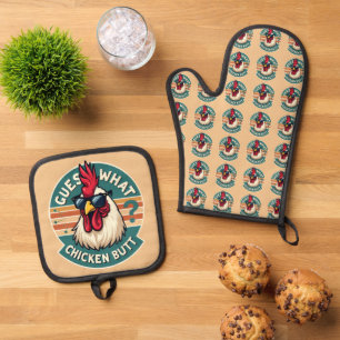 Ensemble De Gant De Cuisine Et De Manique Amusant Retro Beurre De Poulet Conception De Plais