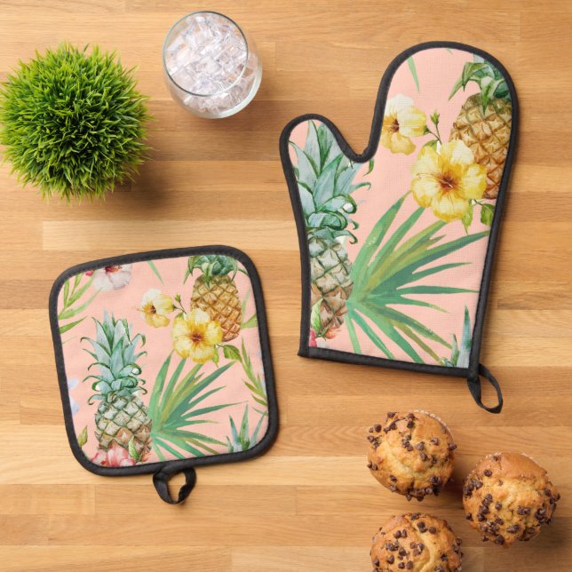 Ensemble De Gant De Cuisine Et De Manique Ananas tropical (De haut en bas)