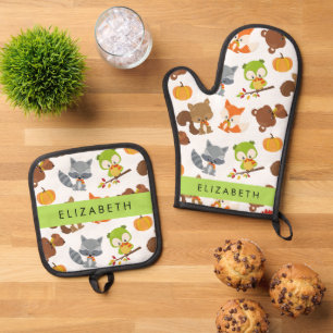Ensemble De Gant De Cuisine Et De Manique Animaux de forêt, Animaux de forêt, Votre nom