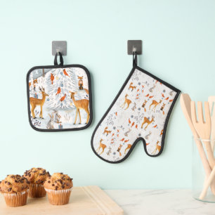 Ensemble De Gant De Cuisine Et De Manique Animaux de la forêt scandinave Noël Fêtes
