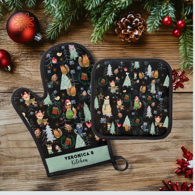 Ensemble De Gant De Cuisine Et De Manique Animaux moches de bois doux (Ugly Sweater Woodland Animals Oven Mitt & Pot Holder Set)