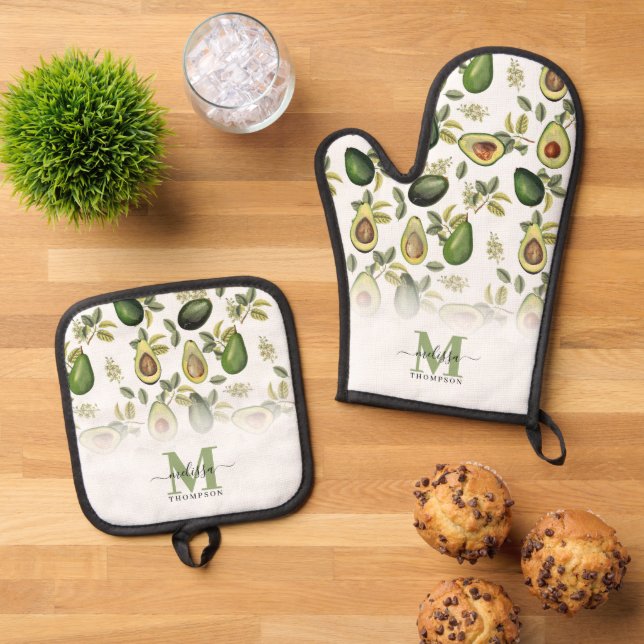 Ensemble De Gant De Cuisine Et De Manique Aquarelle Avocado Motif botanique Monogrammé (De haut en bas)