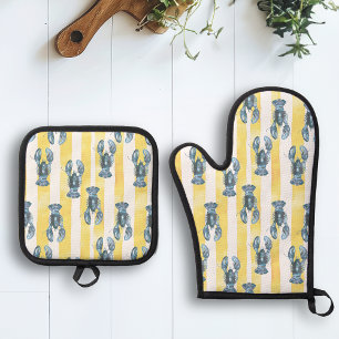 Ensemble De Gant De Cuisine Et De Manique Aquarelle bleu marine Homard Bleu Bande jaune