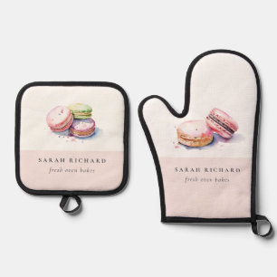 Ensemble De Gant De Cuisine Et De Manique Aquarelle colorée Pastel Français Macarons boulang
