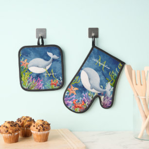 Ensemble De Gant De Cuisine Et De Manique Aquarelle de Monogramme mignonne sous le crabe de