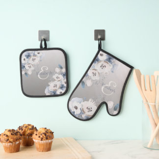 Ensemble De Gant De Cuisine Et De Manique Aquarelle d'hiver Monogramme floral personnalisé