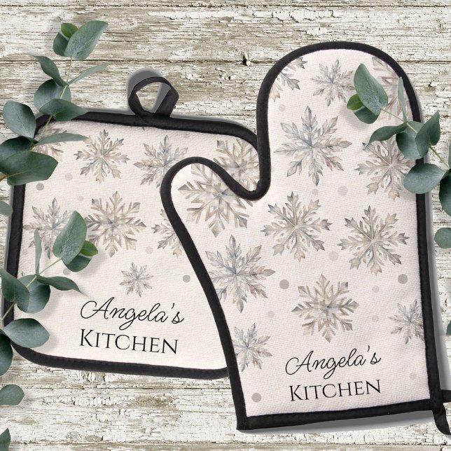 Ensemble De Gant De Cuisine Et De Manique Aquarelle d'hiver Snowflakes Monogramme (Créateur téléchargé)