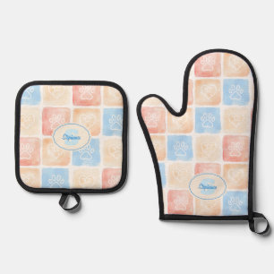 Ensemble De Gant De Cuisine Et De Manique Aquarelle Empreintes de pattes & Coeurs dans les b