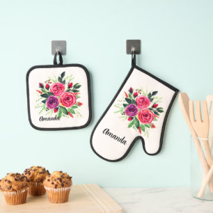 Ensemble De Gant De Cuisine Et De Manique Aquarelle fleurie couronnes roses