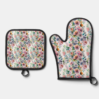 Ensemble De Gant De Cuisine Et De Manique Aquarelle Floral Motif sans joint
