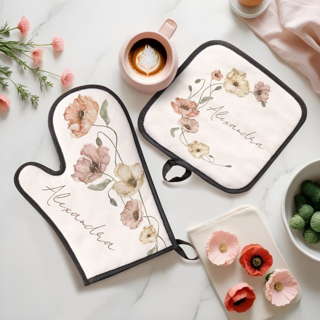Ensemble De Gant De Cuisine Et De Manique Aquarelle florale Pépites islandaises Personnalisé (Floral Watercolor Icelandic Poppies Personalized Oven Mitt & Pot Holder Set)