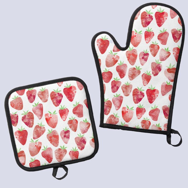 Ensemble De Gant De Cuisine Et De Manique Aquarelle fraise (Fun and fresh watercolor strawberry pattern kitchen oven mitt and pot holder)