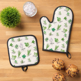 Ensemble De Gant De Cuisine Et De Manique Aquarelle Herbe four Mitt et porte-pots