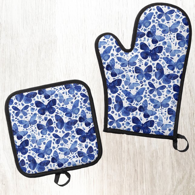 Ensemble De Gant De Cuisine Et De Manique Aquarelle papillon bleu et blanc (Butterfly watercolor pattern kitchen oven mitt and pot holder)