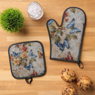Ensemble De Gant De Cuisine Et De Manique Aquarelle papillon colorée