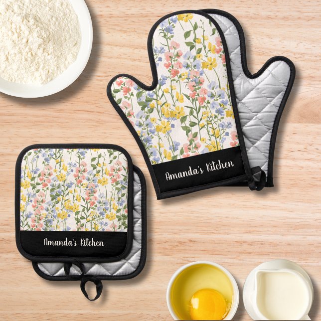 Ensemble De Gant De Cuisine Et De Manique Aquarelle personnalisée Fleurs sauvages cadeau élé (Créateur téléchargé)