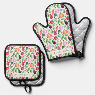 Ensemble De Gant De Cuisine Et De Manique Aquarelle personnalisée Motif de jardin végétal